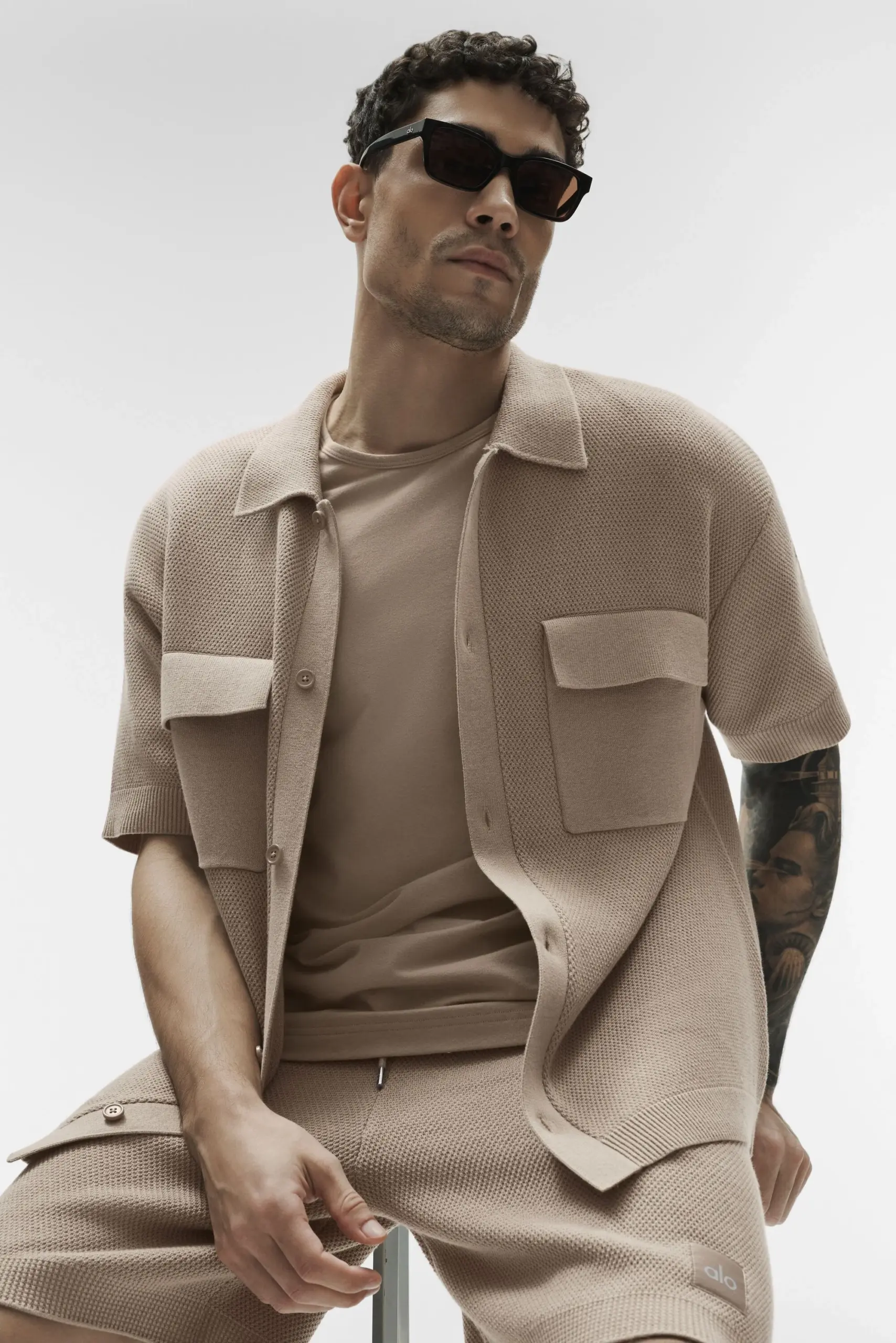 Sports Club Sweater Knit Short Sleeve Button Up - Gravel - Image 4