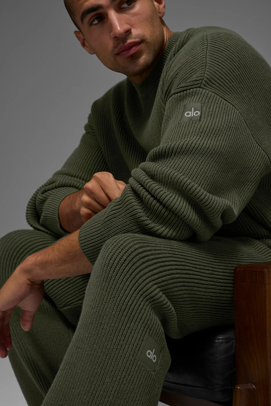 Domain Rib Knit Crew Sweater - Green Olive - Image 4