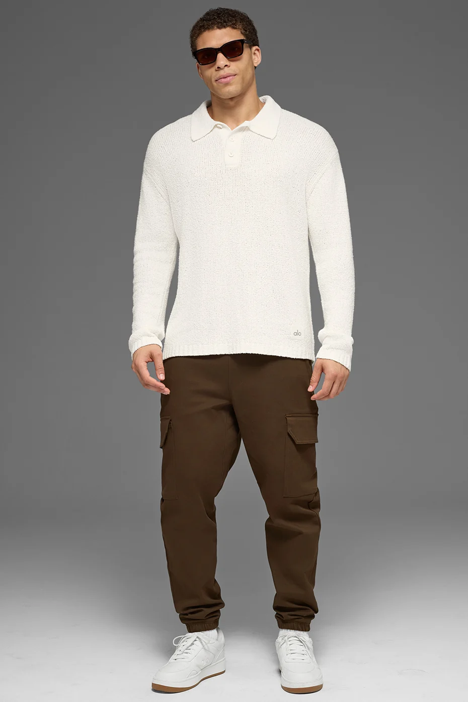 Textured Knit Long Sleeve Polo - Ivory - Image 6