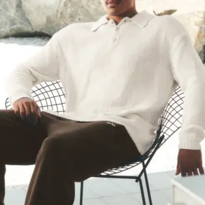 Textured Knit Long Sleeve Polo - Ivory