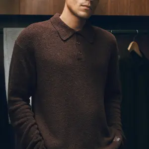 Textured Knit Long Sleeve Polo - Brownstone