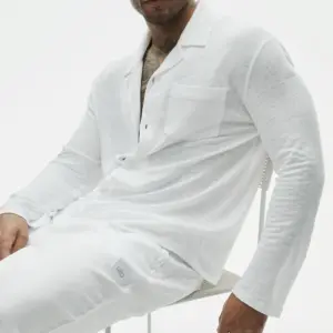 Linen Jersey Coastal Long Sleeve Button Up - White