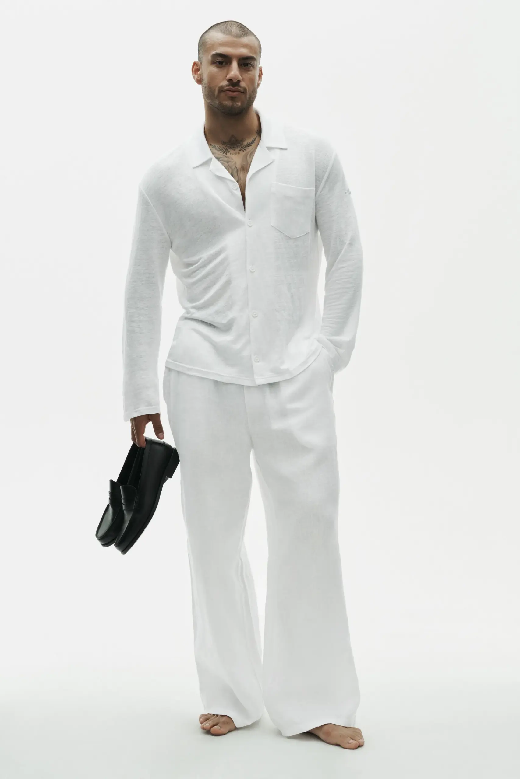 Linen Jersey Coastal Long Sleeve Button Up - White - Image 5