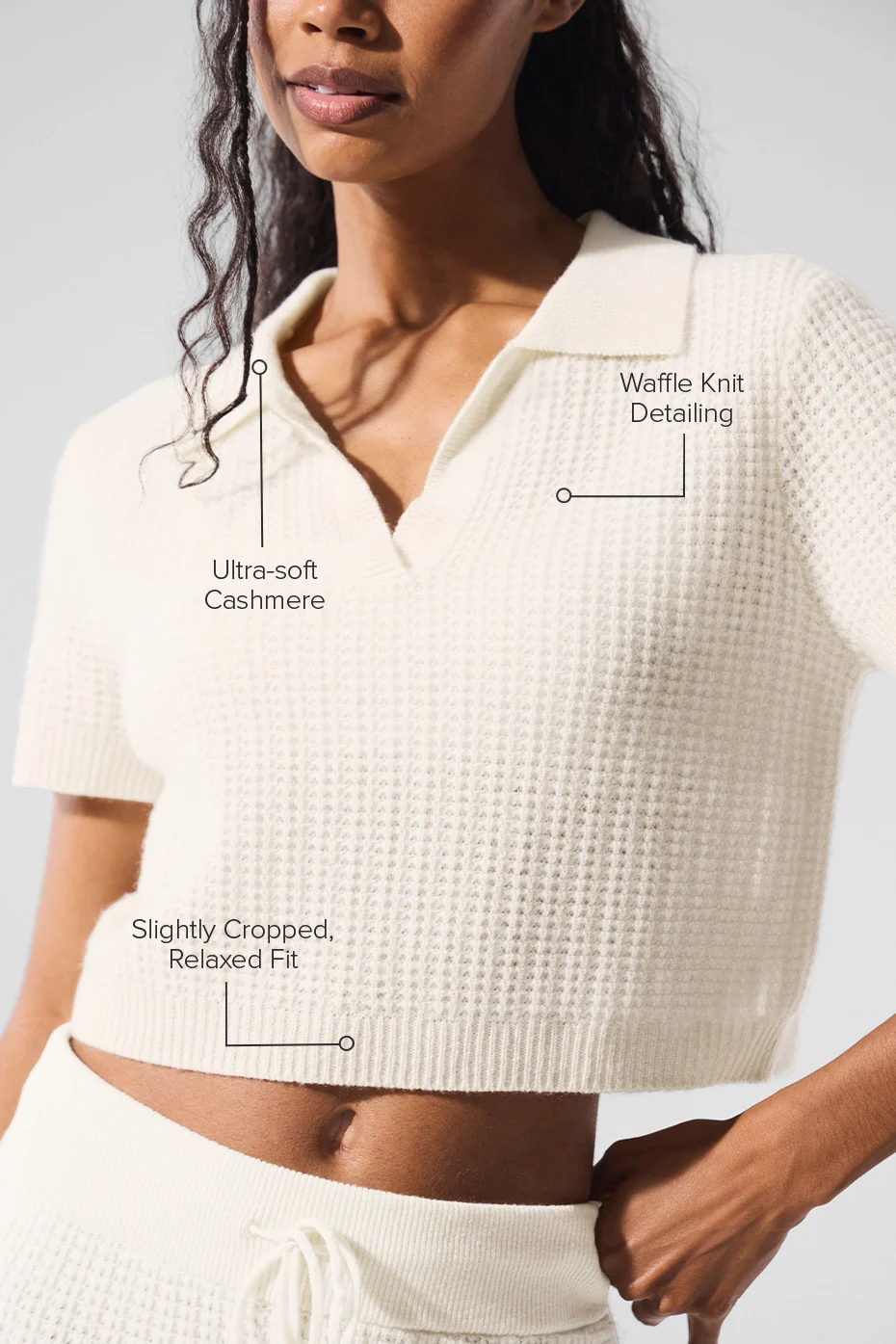 Cashmere Plush Waffle Polo Tee - Ivory - Image 2