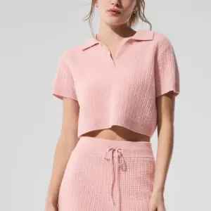 Cashmere Plush Waffle Polo Tee - Pink Quartz