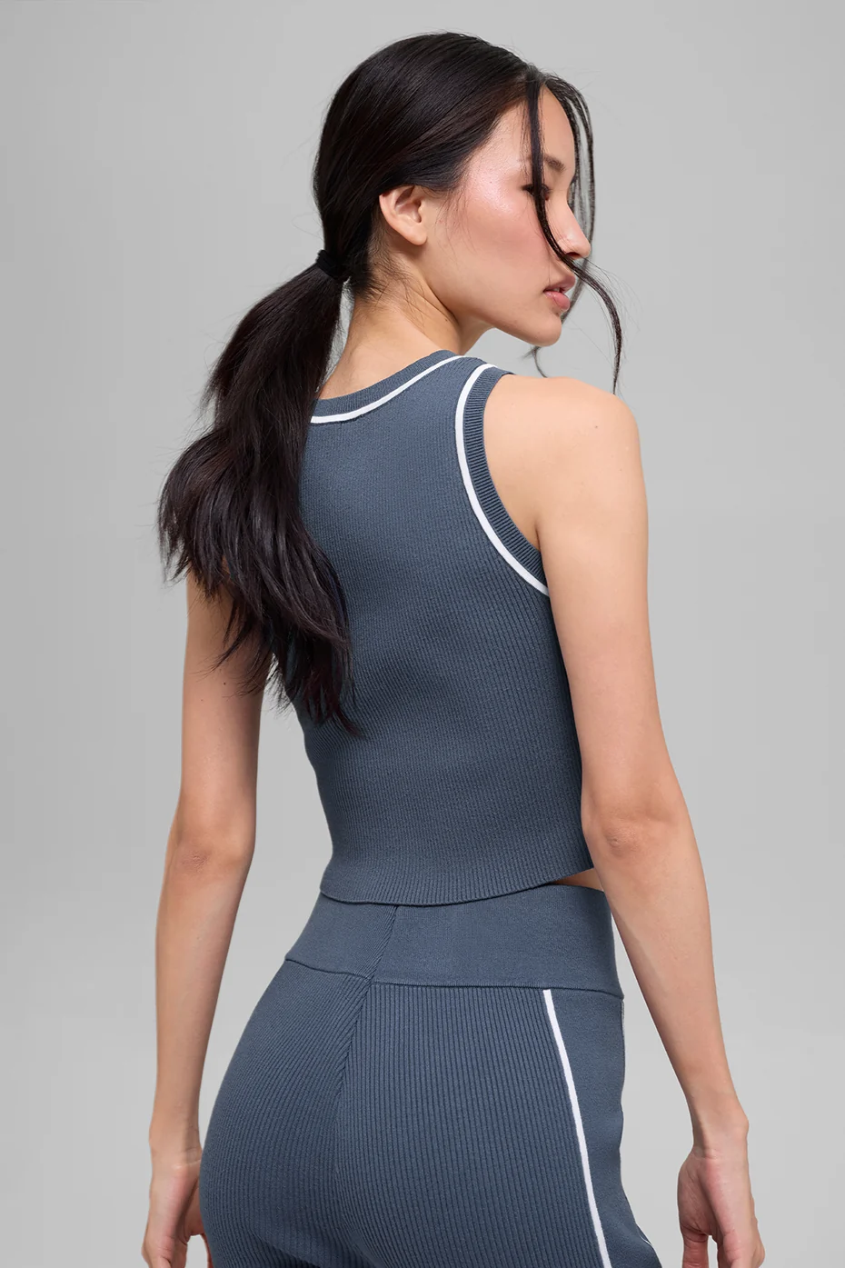 Ribbed Sweater Knit Highline Cropped Tank - Bluestone/White - Image 3
