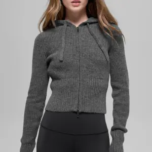 Wool Cashmere Ribbed Noble Full Zip Hoodie - Platinum Grey