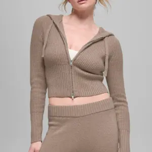 Wool Cashmere Ribbed Noble Full Zip Hoodie - Chai Latte