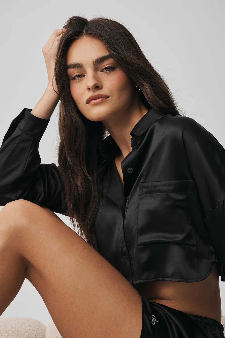 Silk Luminous Cropped Button Down Long Sleeve - Black - Image 3