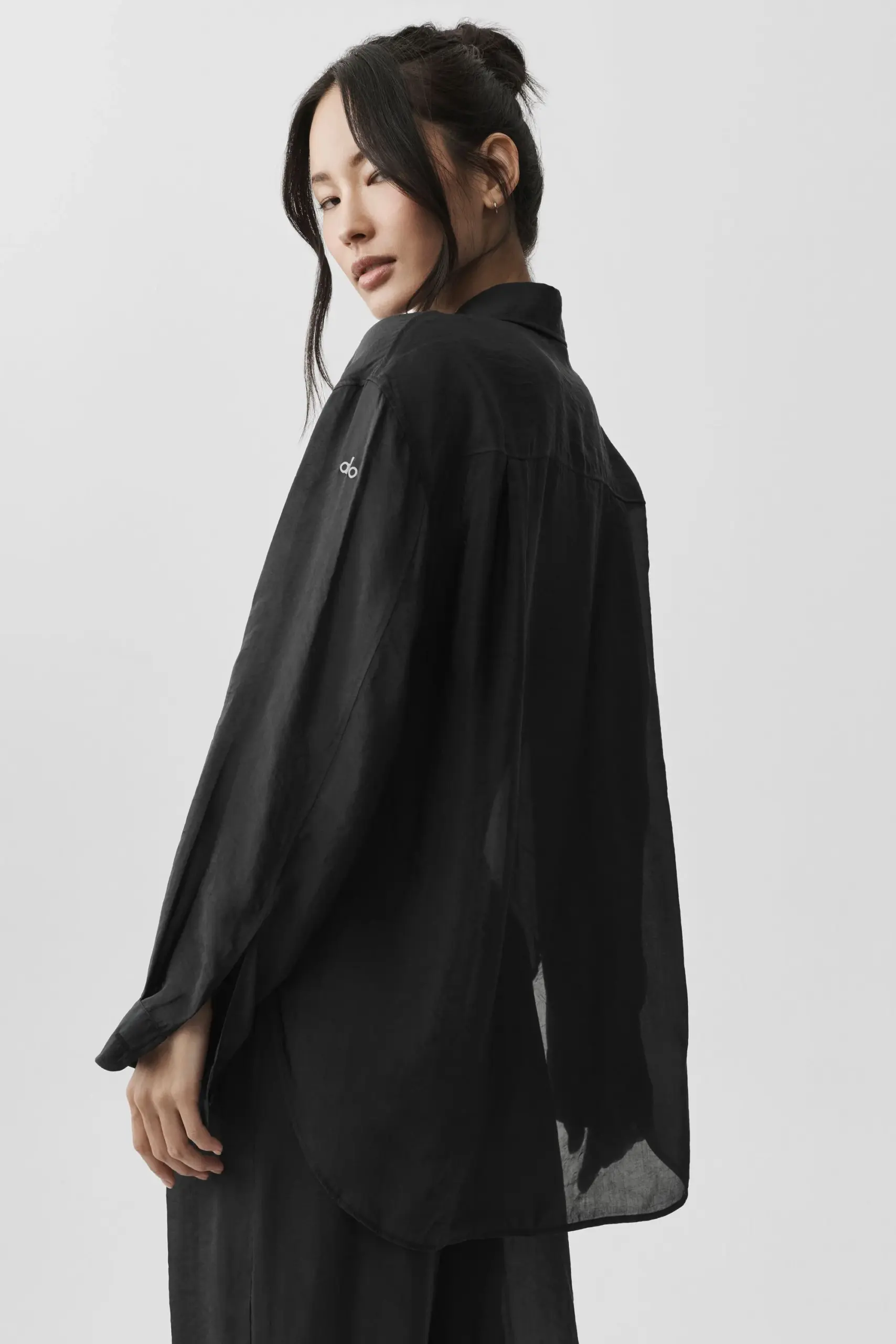 Semi-Sheer Golden Hour Button Down Long Sleeve - Black - Image 3