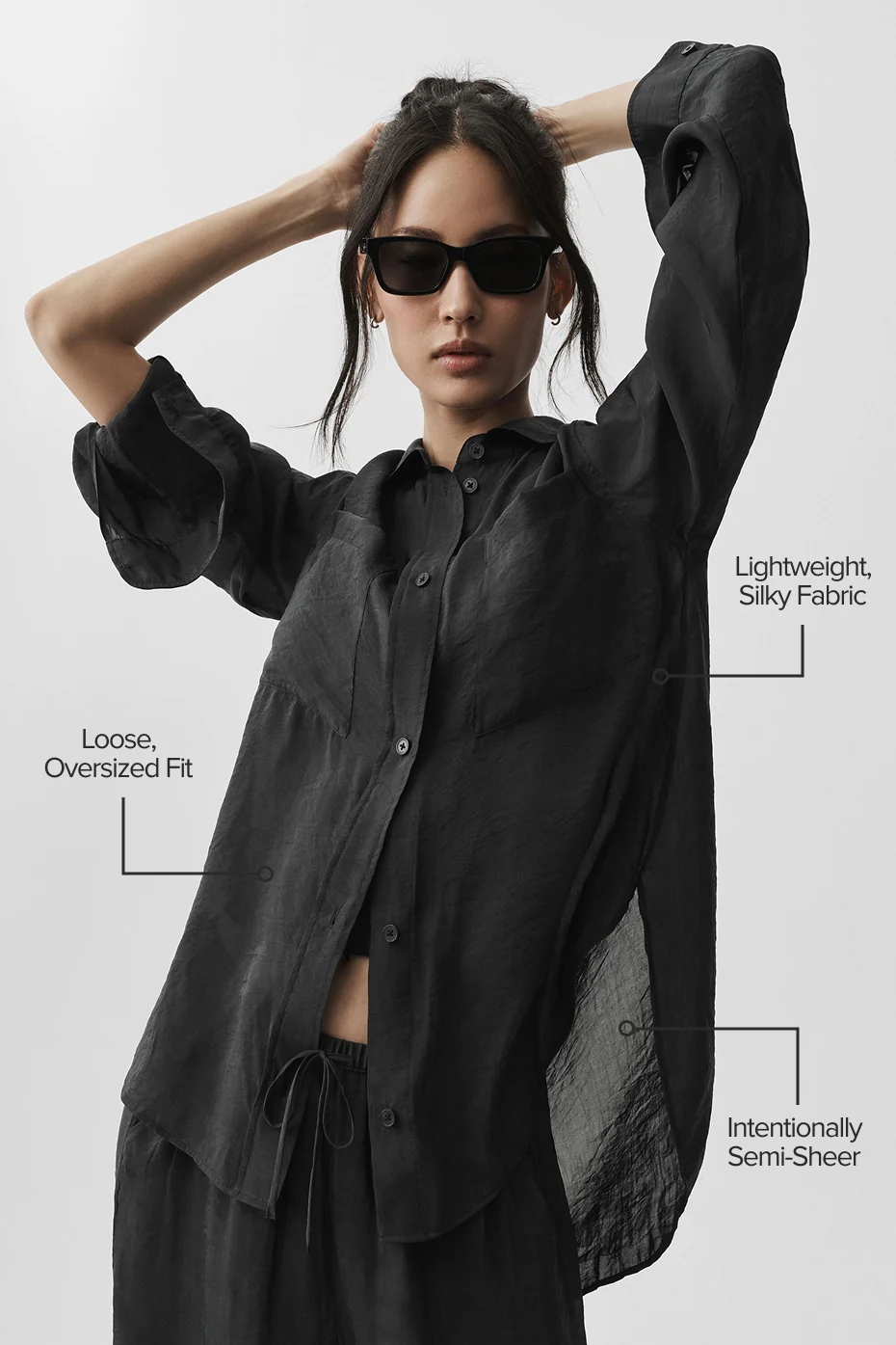 Semi-Sheer Golden Hour Button Down Long Sleeve - Black - Image 2