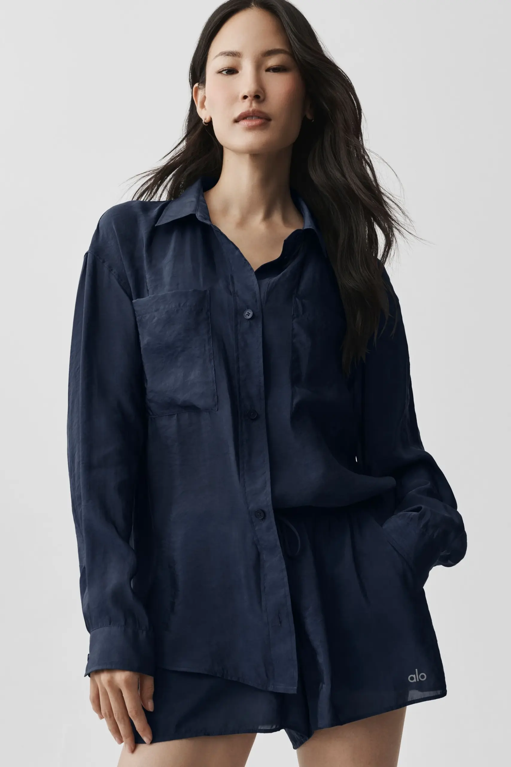 Semi-Sheer Golden Hour Button Down Long Sleeve - Navy - Image 3