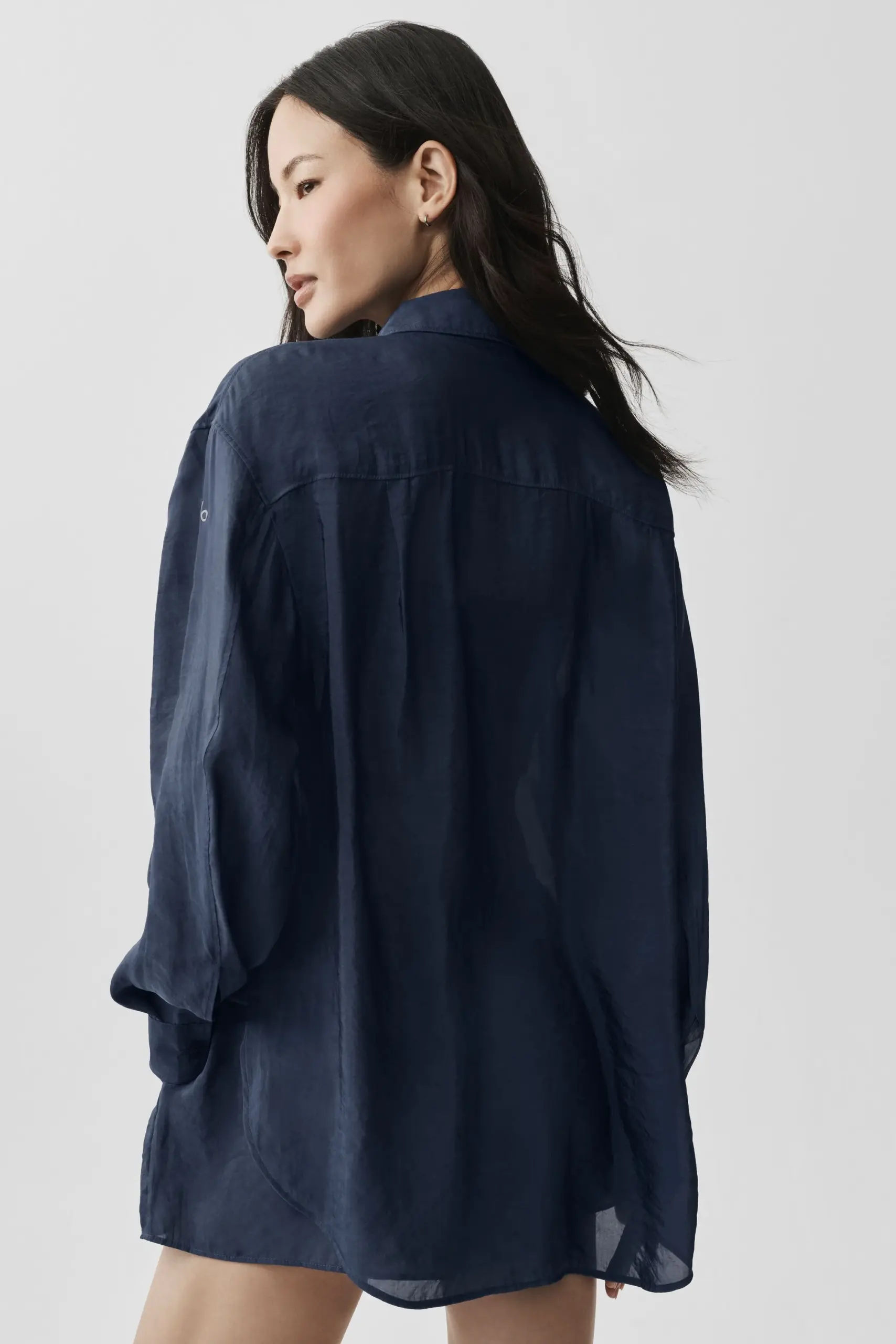 Semi-Sheer Golden Hour Button Down Long Sleeve - Navy - Image 4