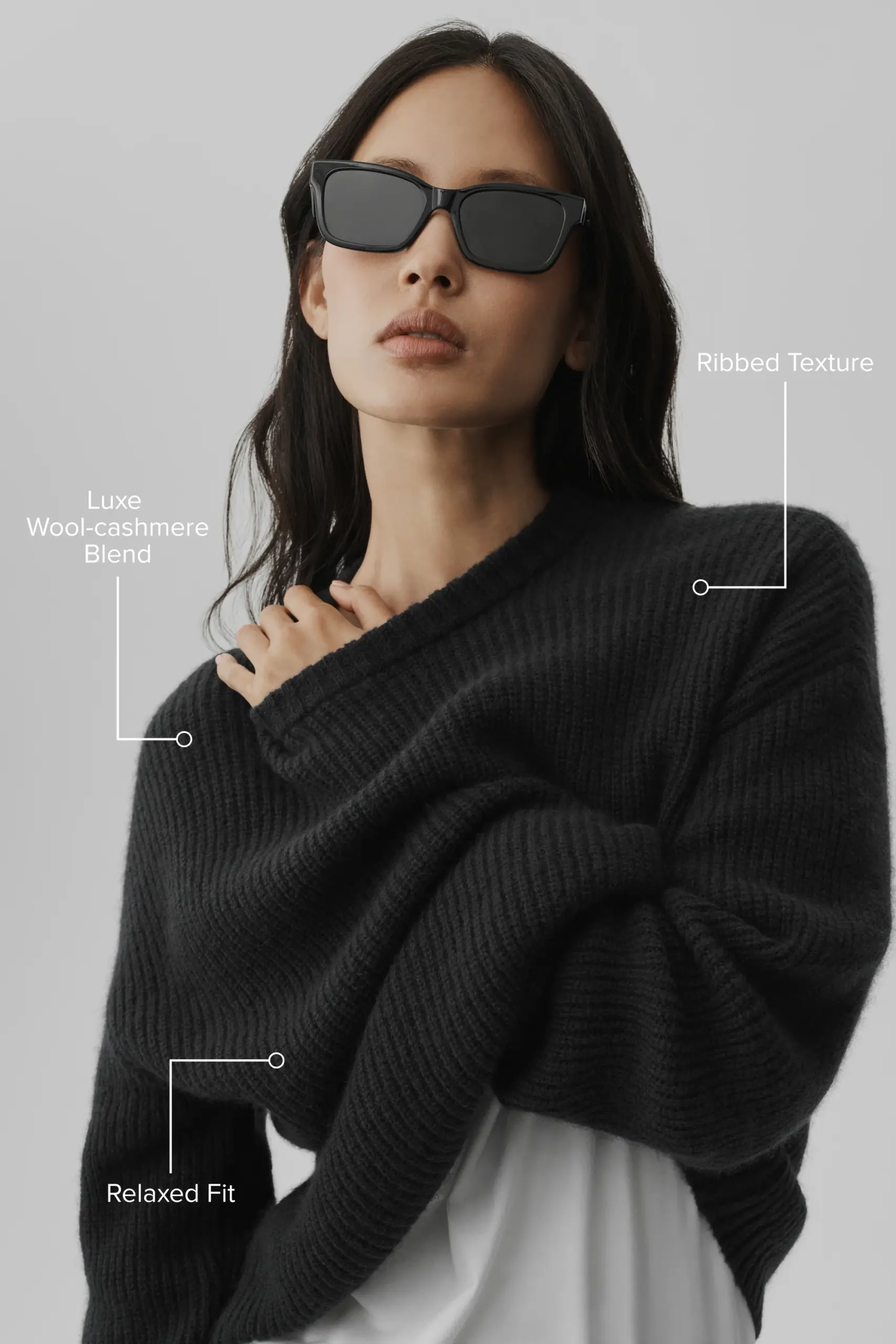 Wool Cashmere Ribbed Noble Crewneck Sweater - Black - Image 2