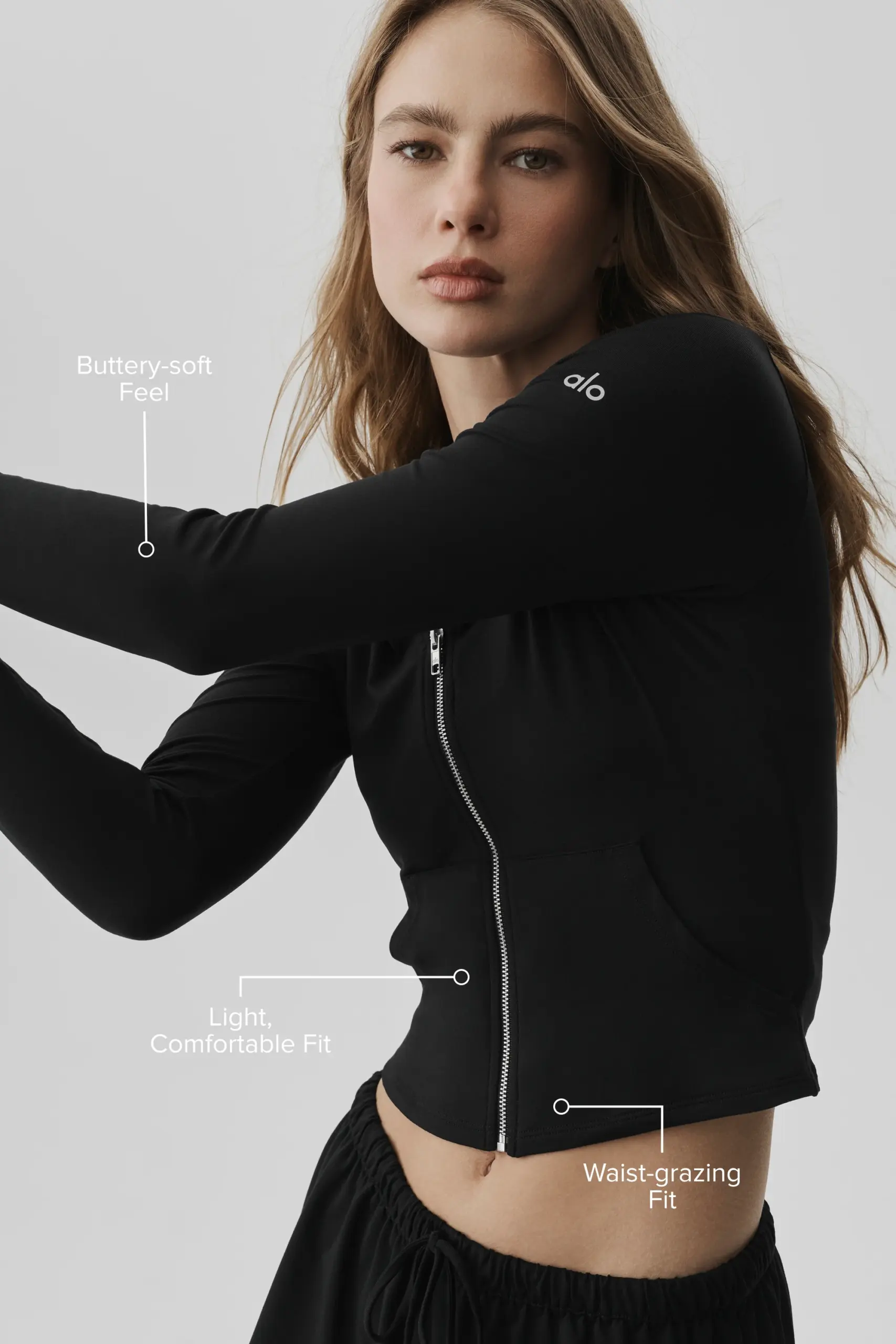 Alosoft Finesse Full Zip Fitted Hoodie - Black - Image 2