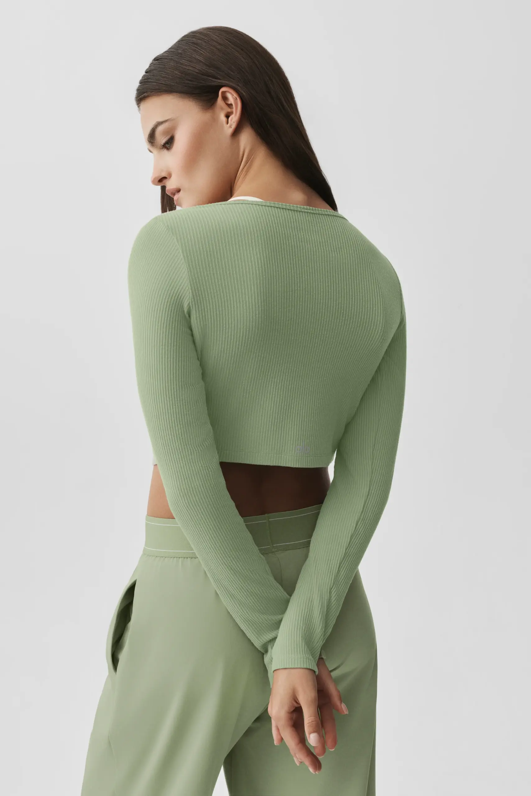 Ribbed Cropped Whisper Cardigan - Dune Grass - Image 2