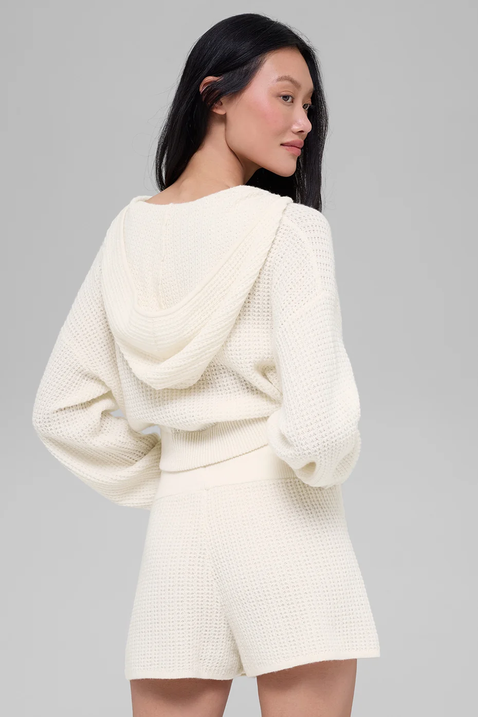 Cashmere Plush Waffle Full Zip Hoodie - Ivory - Image 3