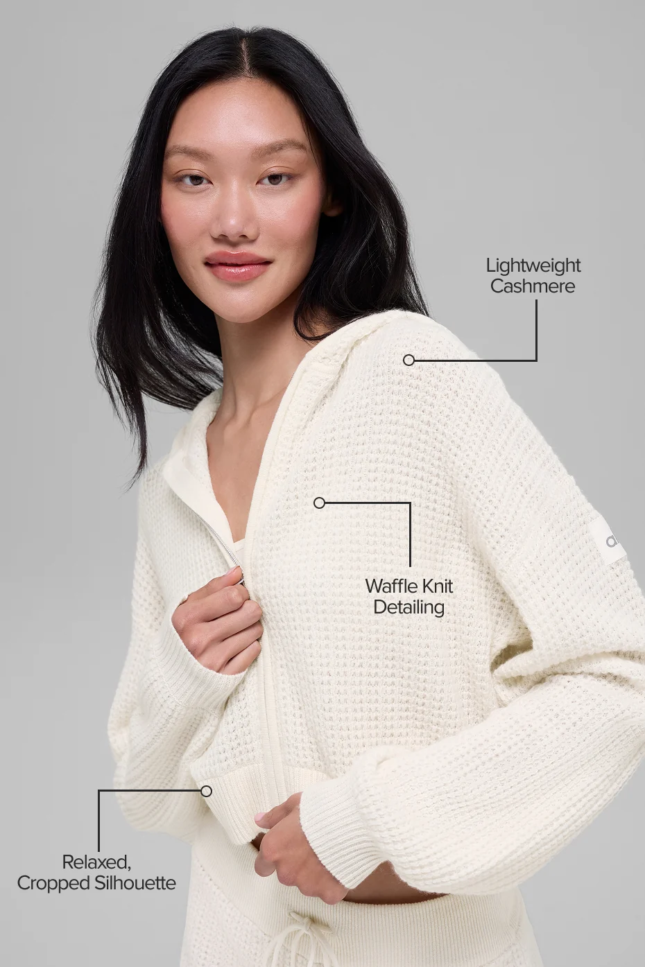 Cashmere Plush Waffle Full Zip Hoodie - Ivory - Image 2