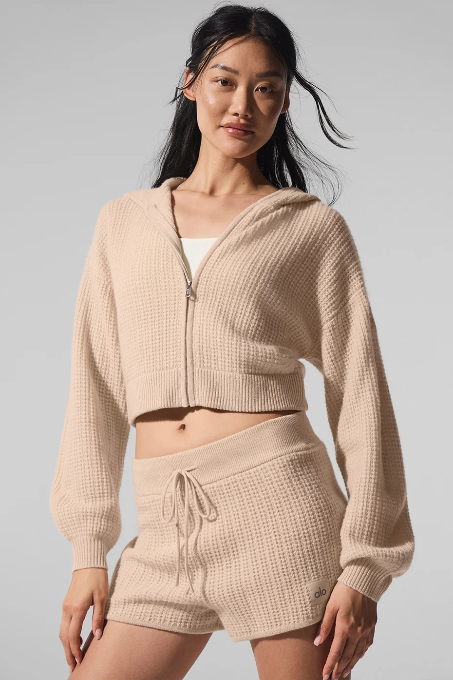 Cashmere Plush Waffle Full Zip Hoodie - Macadamia Blush - Image 3