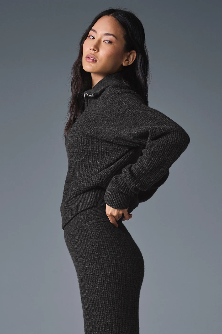 Cashmere Plush Waffle 1/4 Zip Pullover - Dark Heather Grey - Image 3