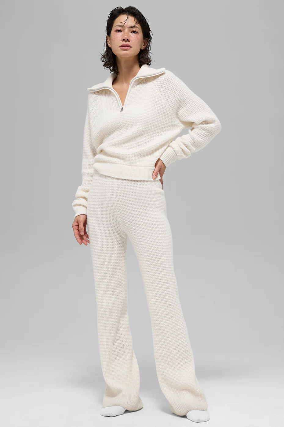 Cashmere Plush Waffle 1/4 Zip Pullover - Ivory - Image 4