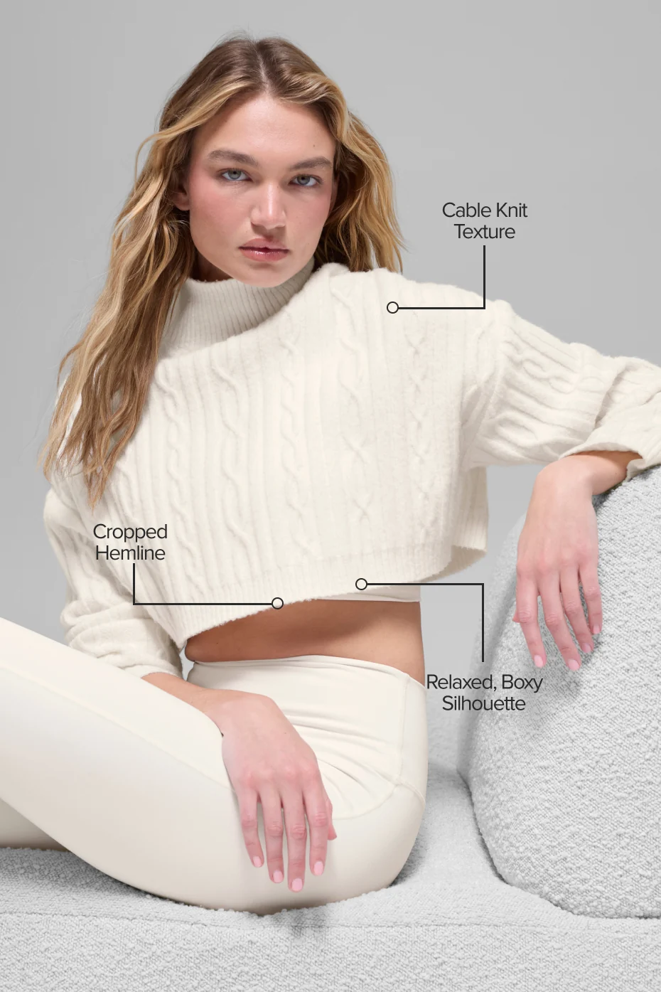 Cable Knit Cropped Winter Bliss Turtleneck Long Sleeve - Ivory - Image 2