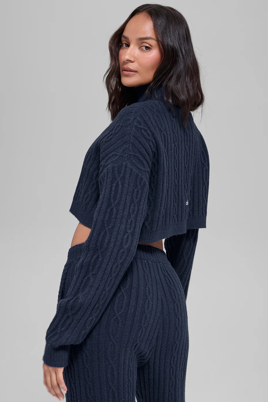 Cable Knit Cropped Winter Bliss Turtleneck Long Sleeve - Navy - Image 4
