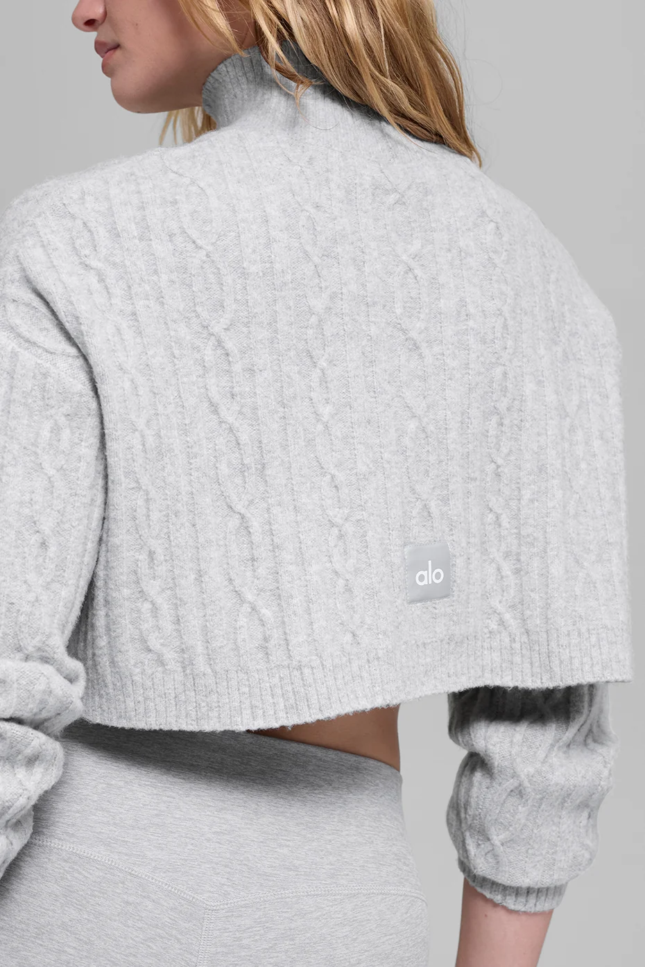 Cable Knit Cropped Winter Bliss Turtleneck Long Sleeve - Athletic Heather Grey - Image 3