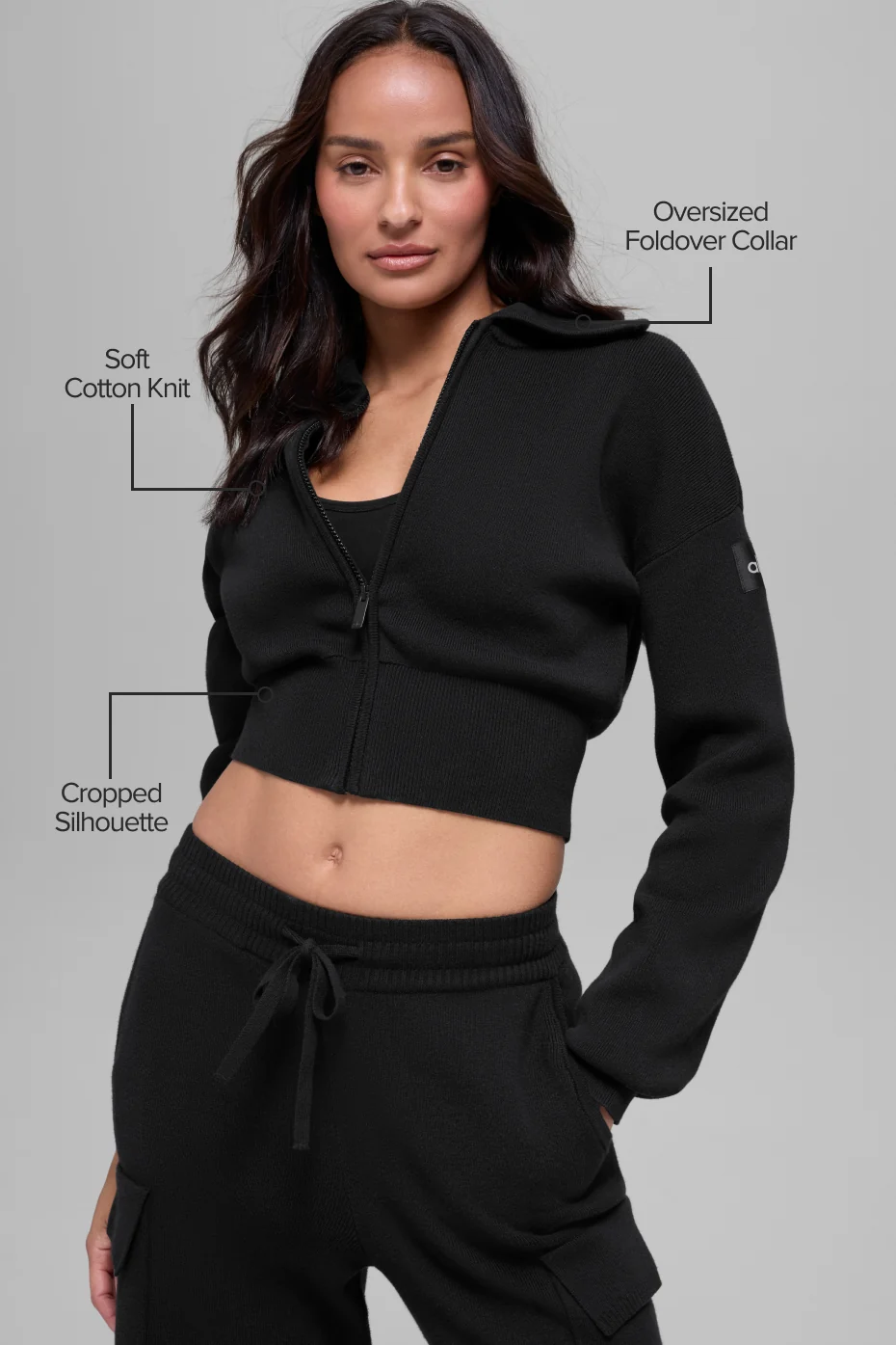 Scholar Knit Cropped Full Zip Jacket - Black - Image 2