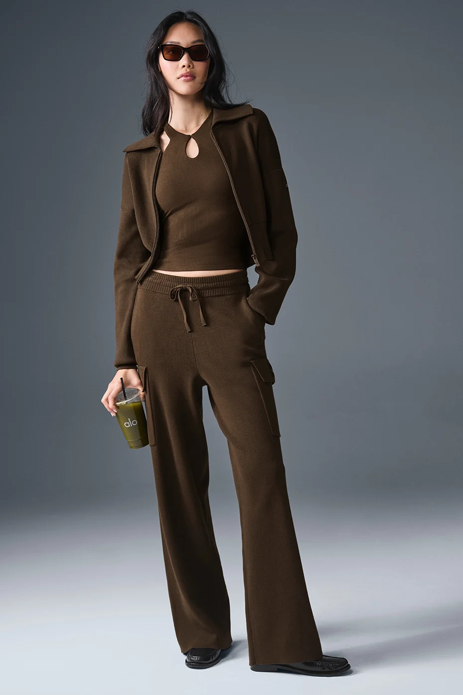 Scholar Knit Cropped Full Zip Jacket - Espresso - Image 4
