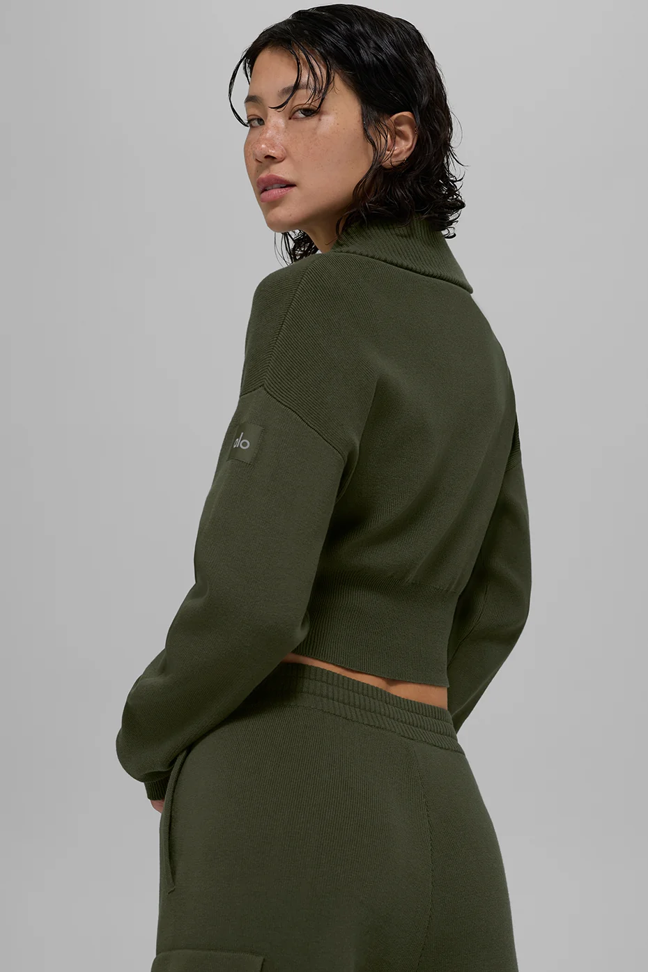Scholar Knit Cropped Full Zip Jacket - Green Olive - Image 3