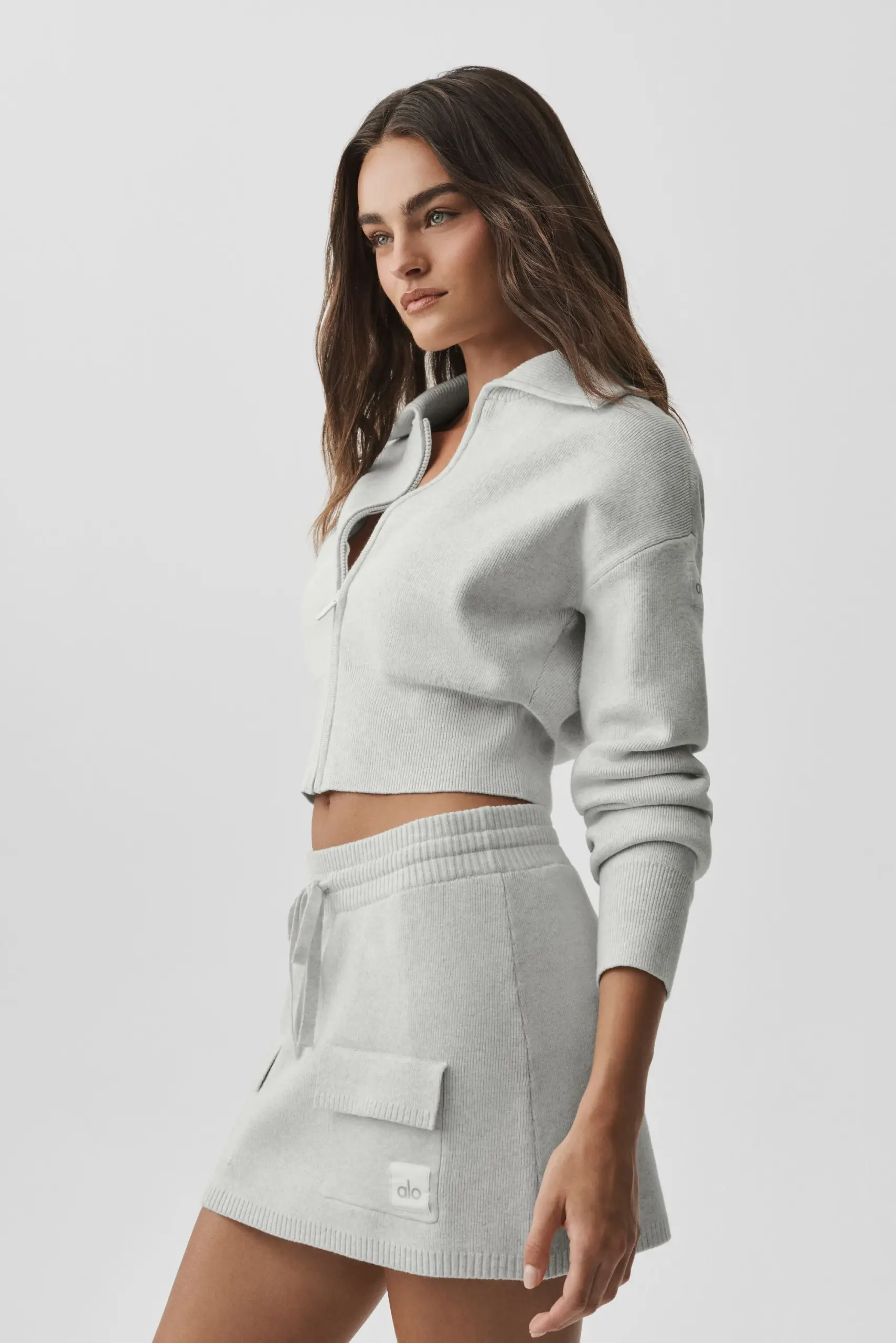 Scholar Knit Cropped Full Zip Jacket - White Heather - Image 4