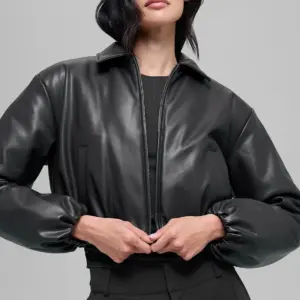 Faux Leather Cropped Premier Bomber - Black