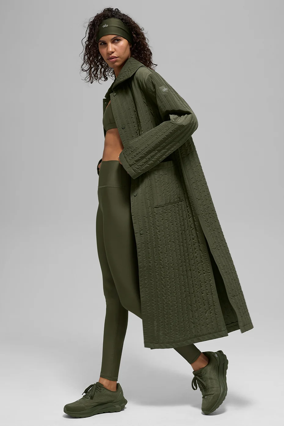 Quilted Skyline Long Coat - Green Olive - Image 4