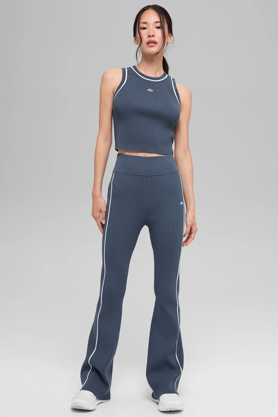 Ribbed Sweater Knit Highline Flare Pant - Bluestone/White - Image 6