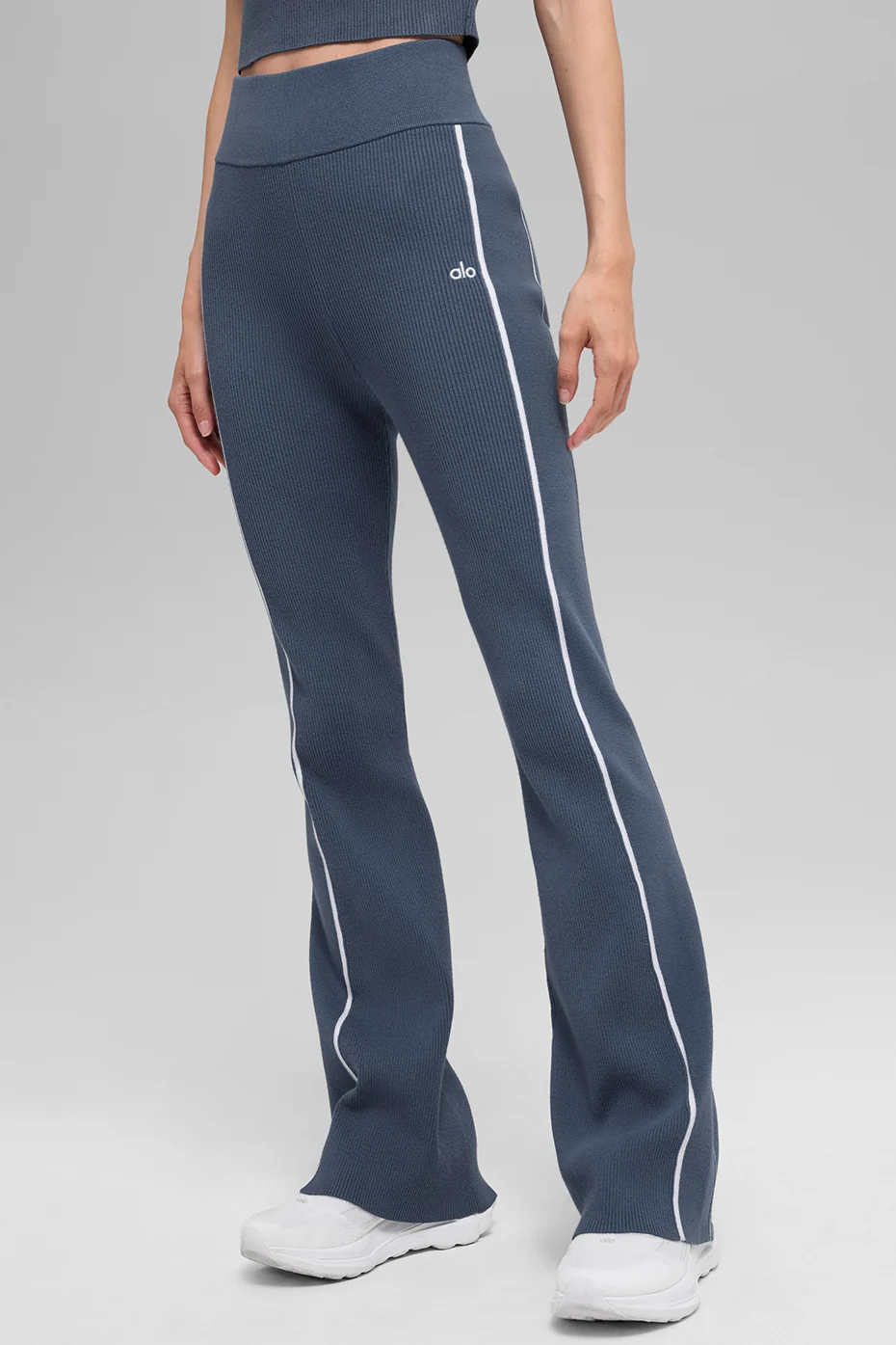 Ribbed Sweater Knit Highline Flare Pant - Bluestone/White - Image 3