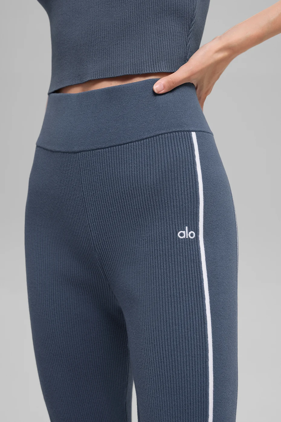 Ribbed Sweater Knit Highline Flare Pant - Bluestone/White - Image 2